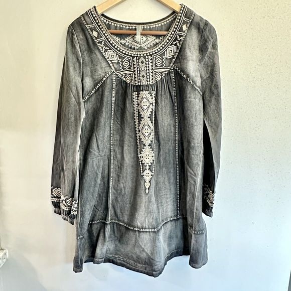 Monoreno Womens Medium Black Chambray Denim‎ Embroidered Lagenlook Dress - Picture 10 of 16